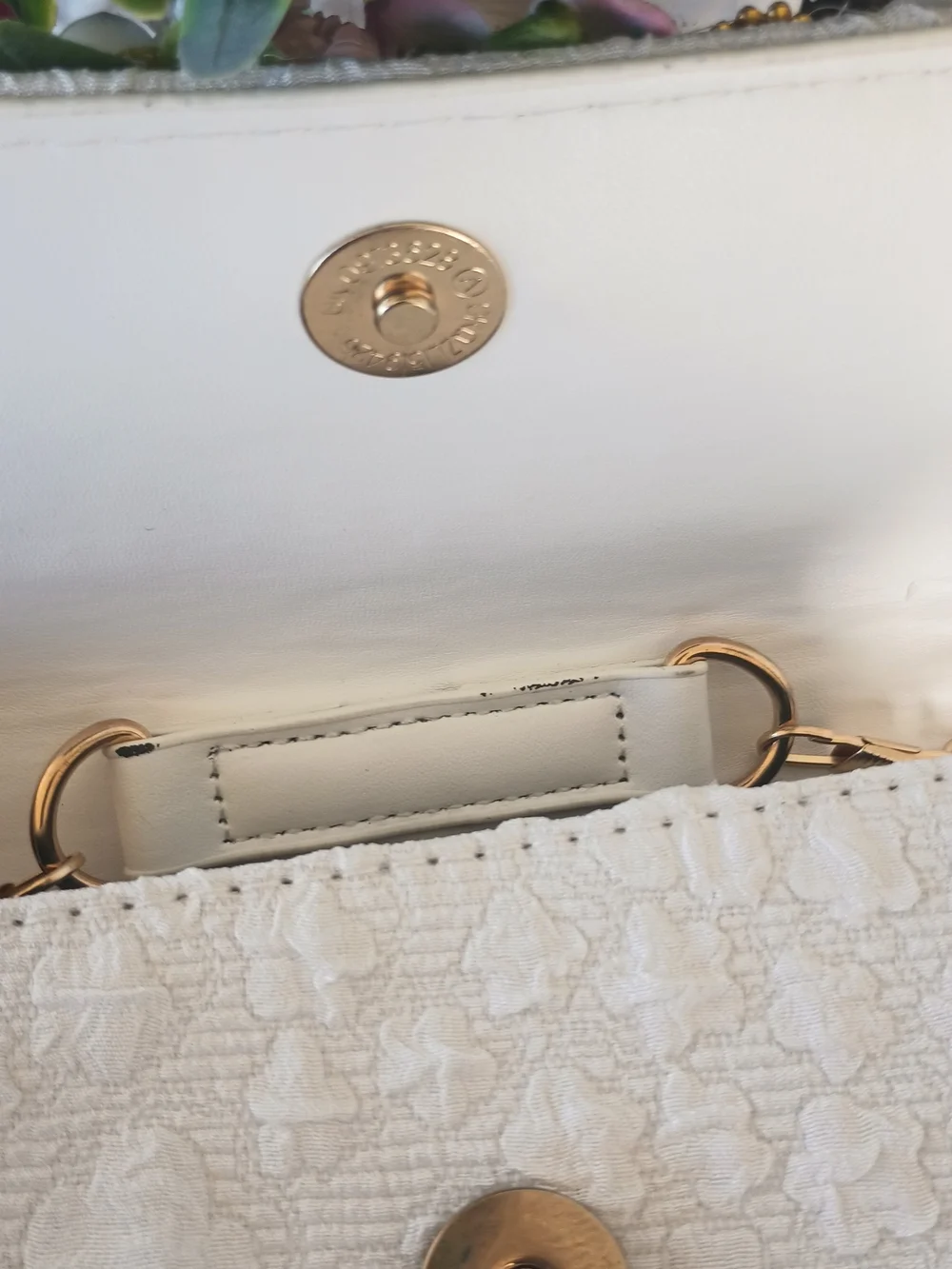 Handcrafted Pearl Handle Mini Bag With Clay Doll& Floral Applique.